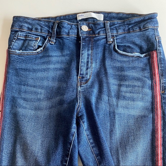 Zara Skinny Distressed Jeans with Red White Stripe - Picture 5 of 5